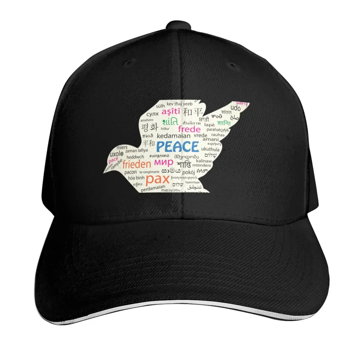 Peace in Different languages Baseball Cap Cotton Twill Breathable Contrast Two Tone Brim Snapback Flat Bill