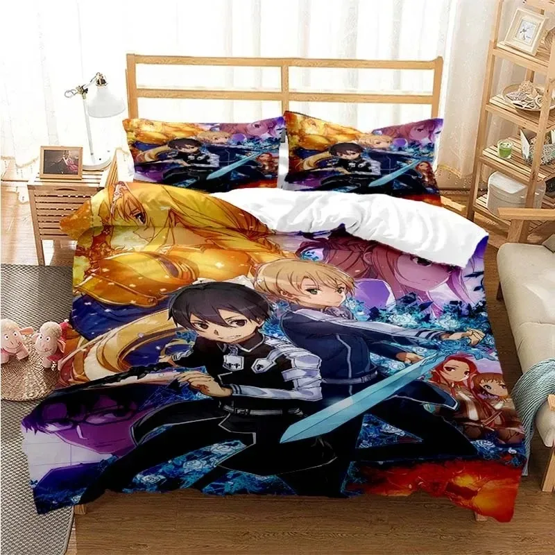 Juego de funda nórdica con dibujos de Asuna Sword Art Online, funda de almohada, juego de cama, regalo para niños, ropa de cama individual Queen King Size para niñas