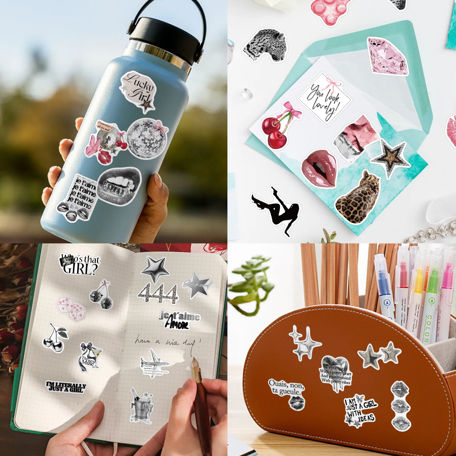 50/100PCS Silver Lucky Girl Handbooks Creative Stickers Notebook Stationery Box Helmet Stickers image 2