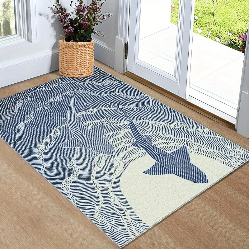 1pc Shark‑Wave Nautical Area Rug, Indoor & Outdoor Comfortable Floor Mat for Kitchen, Home, Office, Laundry Room