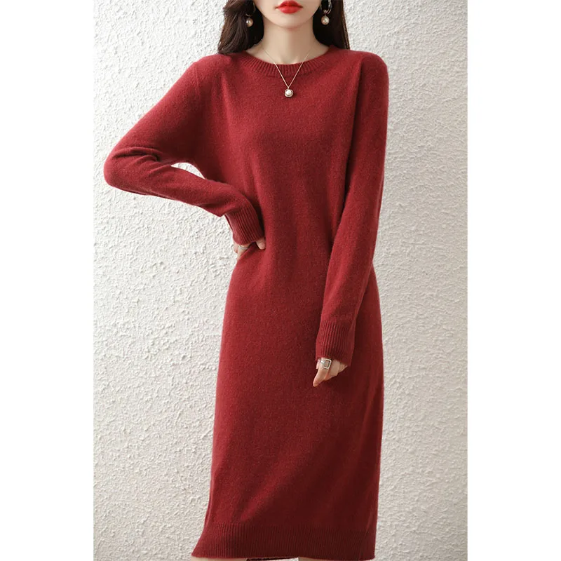 2022 Womens Winter 100% Wool Sweaters And Autumn Knitted Dresses Pullovers High Quality Soft  Warm Knee-Length Jumper S-XXL