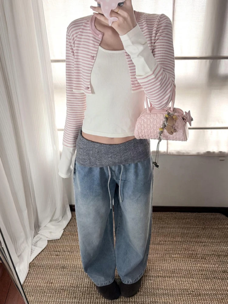 

Вязаные прямые джинсы, женские осенне-зимние новые повседневные свободные и широкие брюки для похудения и завязками