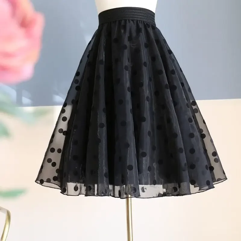 

Fashion Printed Spliced Gauze Polka Dot A-Line Skirts Women's Clothing Summer New Loose Casual Elastic High Waist Skirt B100