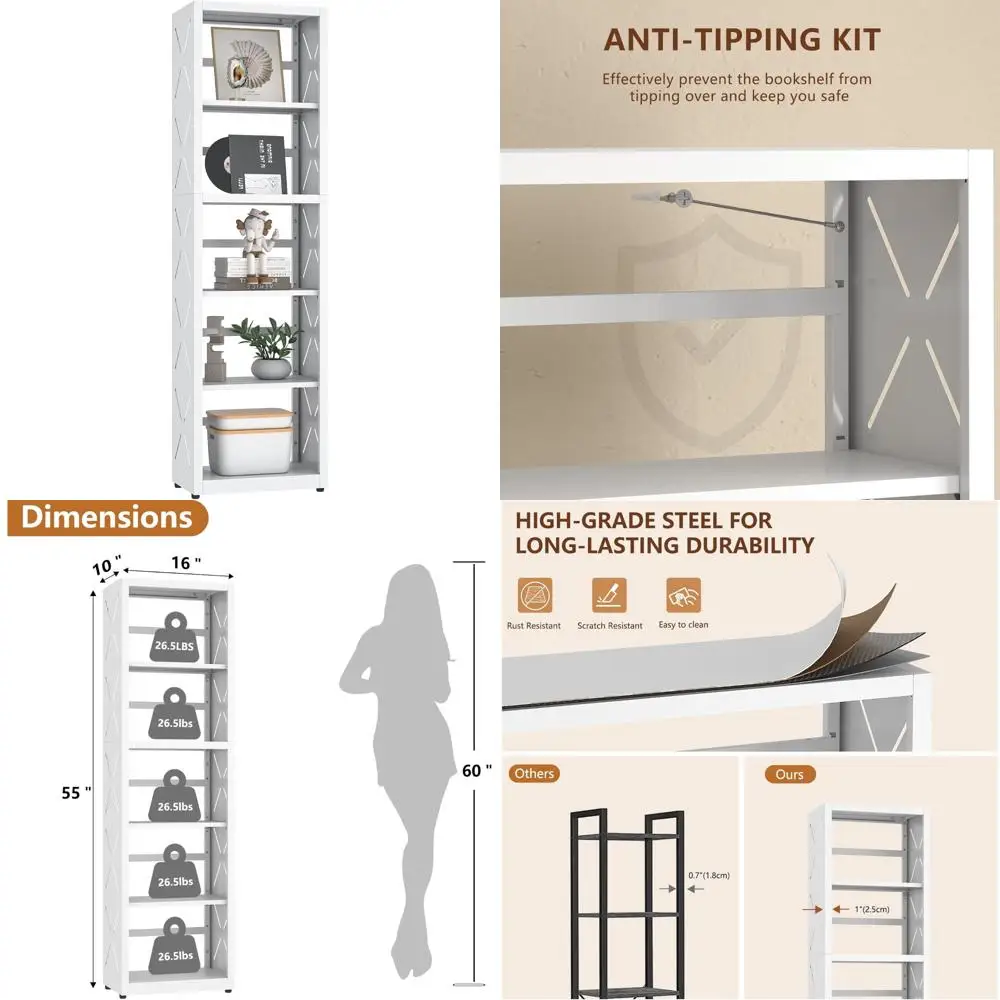 

Adjustable 5-Tier Metal Bookshelf Tall Narrow White Living Room Display Shelves with Bookends for Storage and Organization