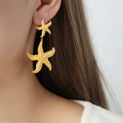 Chunky 18K Gold Plated Stainless Steel Starfish Drop Dangle Statement Stud Earrings for Women Holiday Beach Jewelry