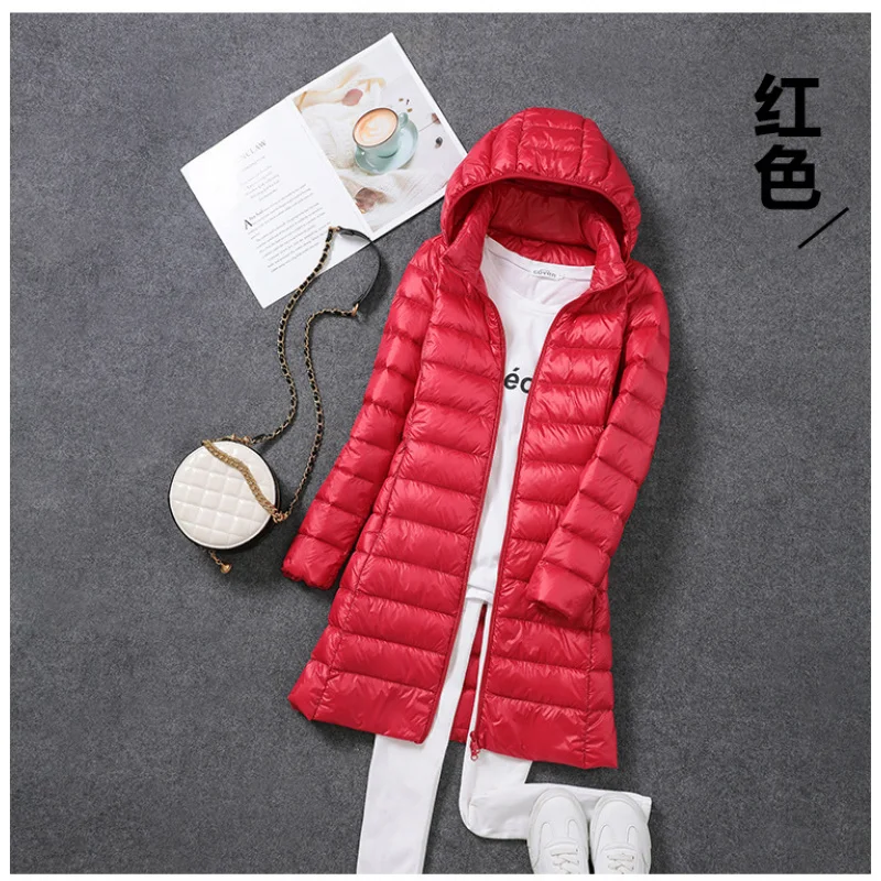 2024Autumn and Winter New Women's Mid-Length White Duck down  Lightweight Slimming Coat Detachable Cap