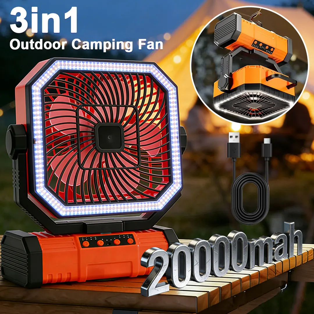 

Вентилятор для кемпинга с аккумулятором 20000 мАч, перезаряжаемый, со светодиодной подсветкой, портативный, для палаток, с крючком для подвешивания