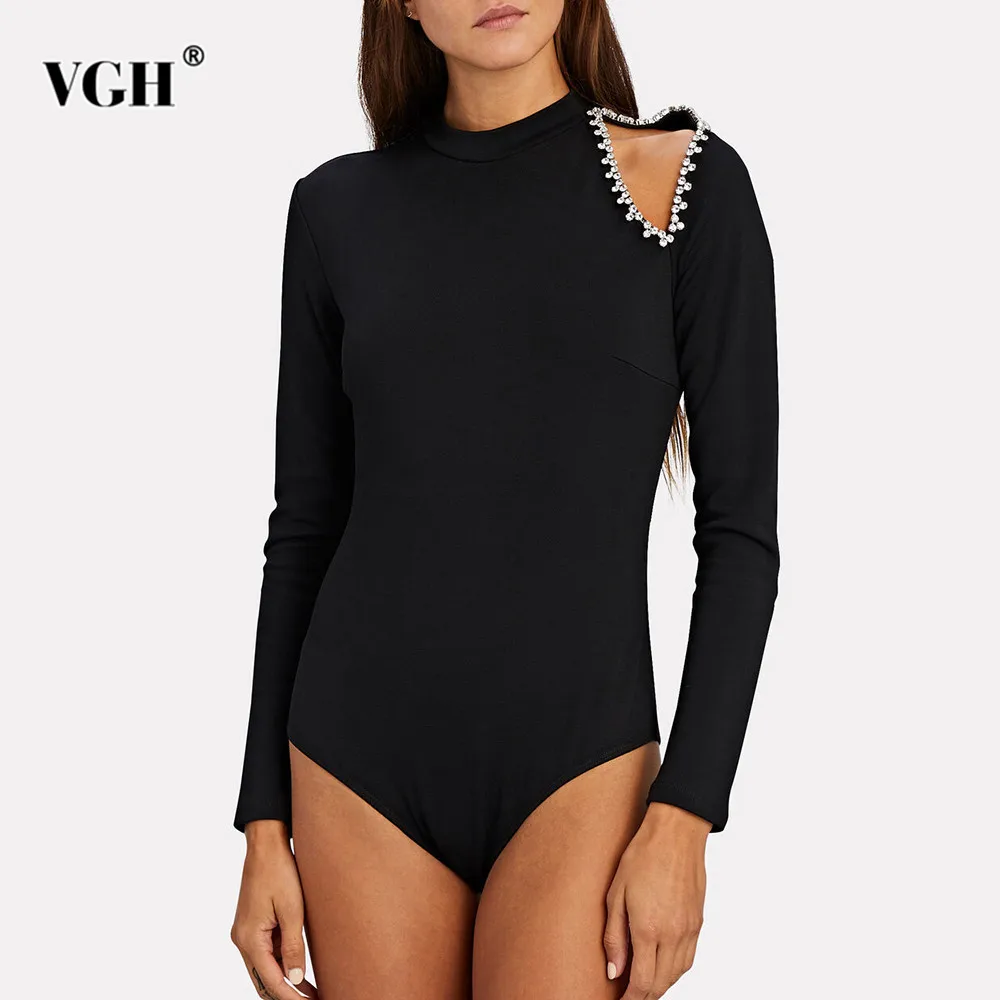 

VGH Solid Hollow Out Patchwork Diamonds Bodysuits For Women Round Neck Long Sleeve High Waist Slimming Bodysuit Female Fashion