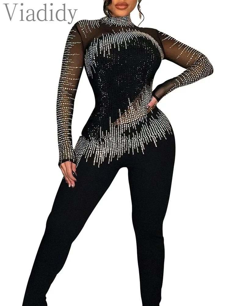 

Women Sexy Solid Color Sheer Mesh Patchwork Rhinestone Decor Long-sleeved Jumpsuit