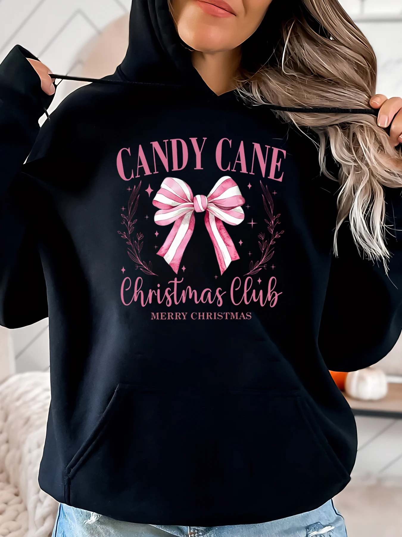 

Candy Cane Christmas Club Merry Christmas Printed Hoodie Women Holiday Party Outfit Black Plus-Size