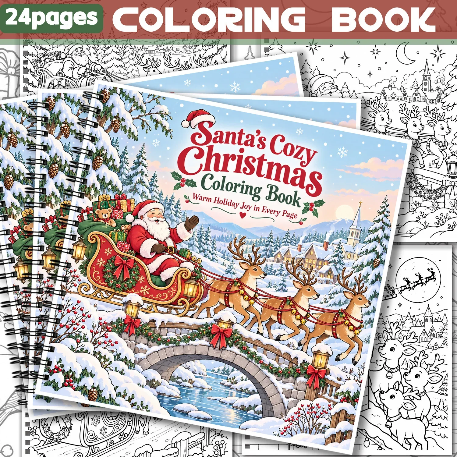 Coloring Book Santa's Cozy Christmas Spiral Bound 24Sheets Showcasing Creativity & Relieving Stress Relaxing Body Mind Activity