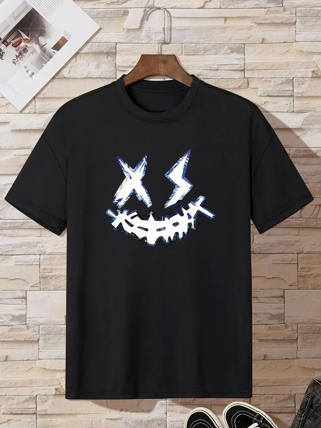 

Men's Summer Pure Fashionable Casual Sports Loose Smiling Face Printed Round Neck Short Sleeved T-shirt Top Oversized T Shirt