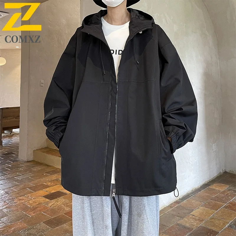 

COMXZ 2025 Мужская и женская функциональная ветровка с капюшоном, весенняя уличная одежда, свободная универсальная зеленая куртка унисекс