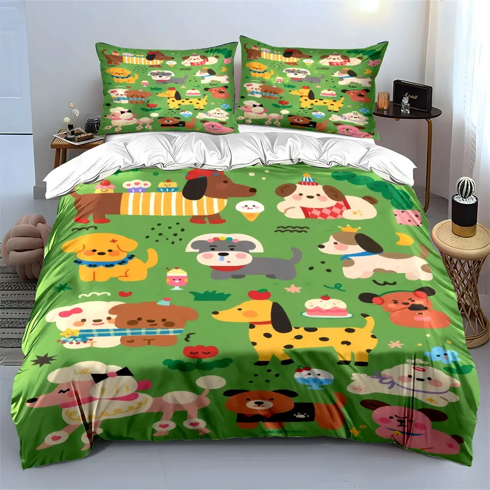 3Pcs Cute Dog Bedding Set, Adorable Cartoon Puppies with Sweets Print Duvet Cover + 2 Pillowcases, Kids bedroom Decor