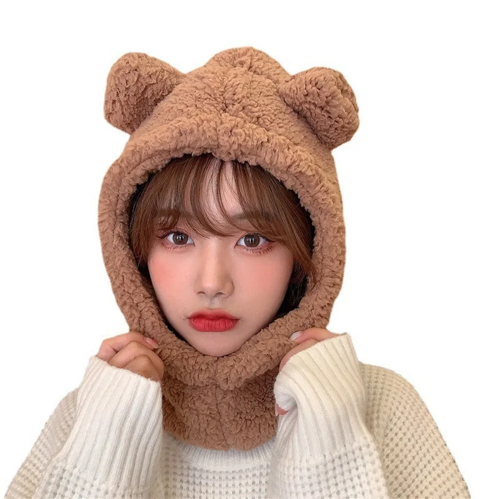 Cute Bear Ears Beanies Women Winter Head Hood Scarf Hat Cap Thicken Cozy Warm Bonnet Female Lamb Balaclava Riding Bobble Hat