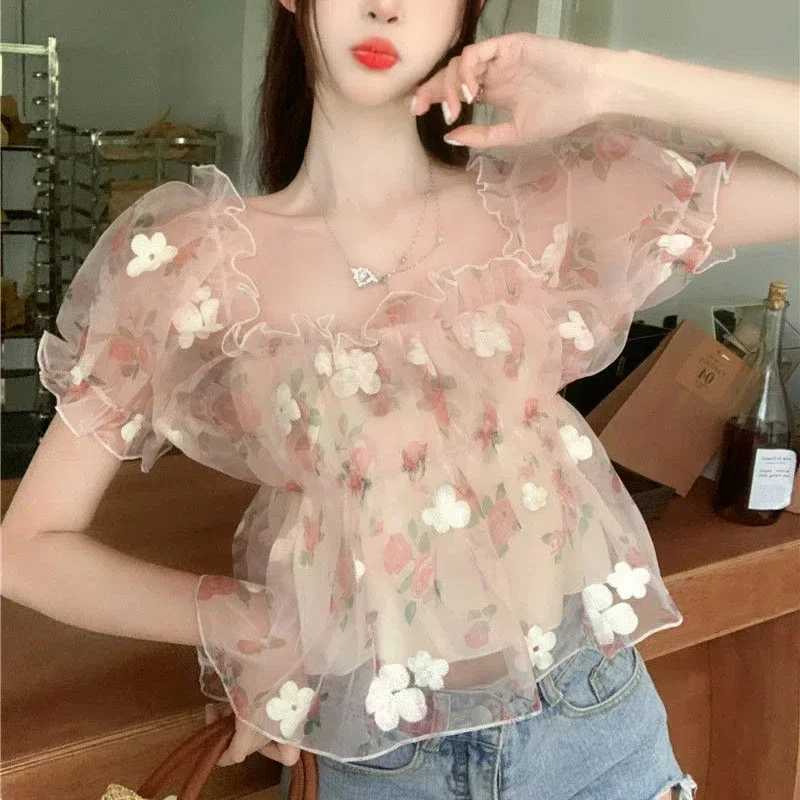 

Women Summer Sexy Off Shoulder Ruffle Thin Blouse Sweet Chic Floral Print Chiffon Shirt Casual Short Sleeve Slim Fairy Crop Tops