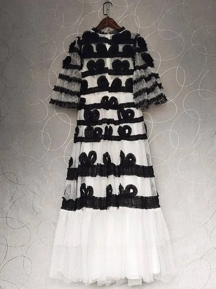 QMQA Fashion Women\'s Color Block Dresses Lace Print Big Swing High Waist Flare Short Sleeve Elegant Dress 2025 Clothing 1A103