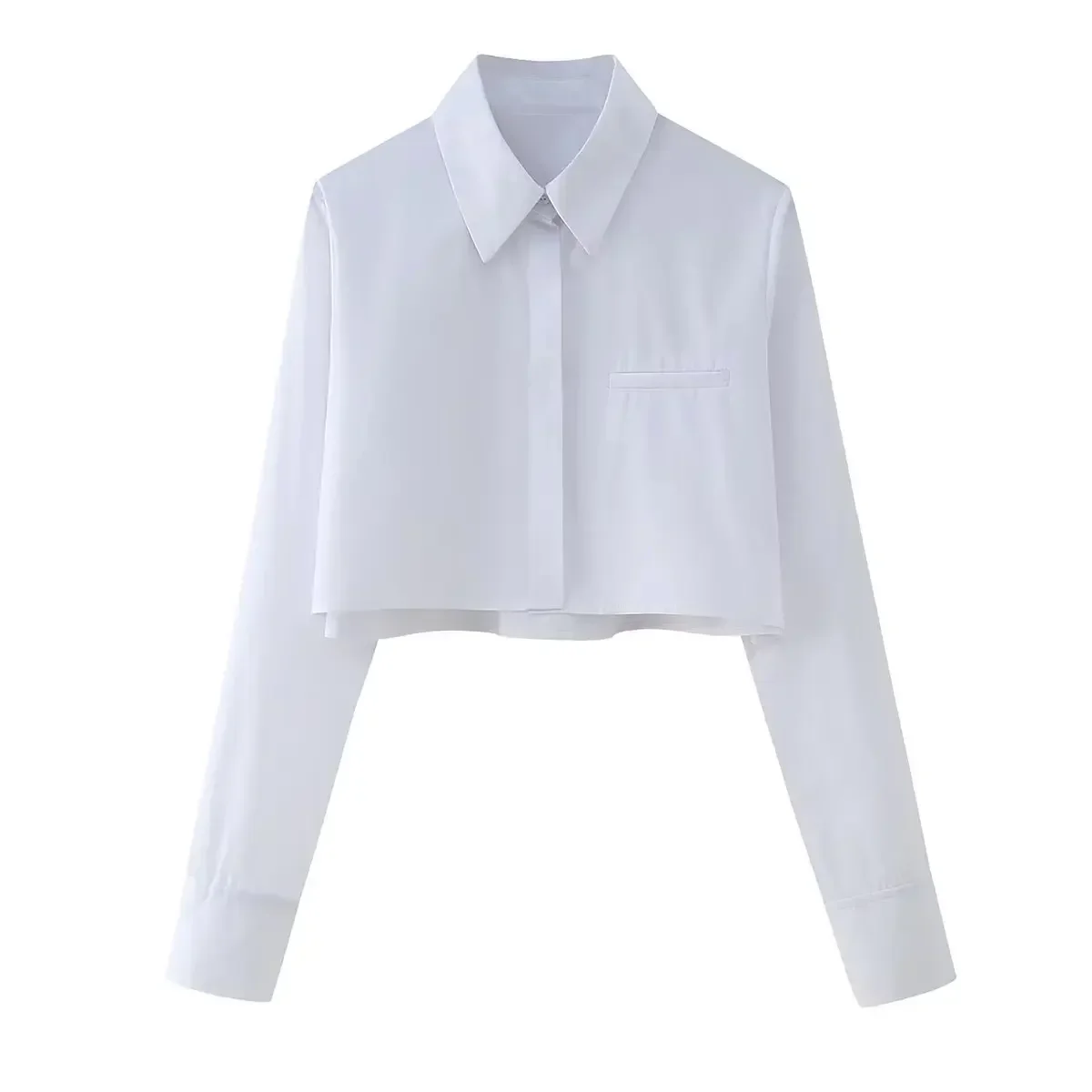 

Женская укороченная белая рубашка с карманами на пуговицах, с длинным рукавом, весенняя, с воротником, топ-рубашка, блузка