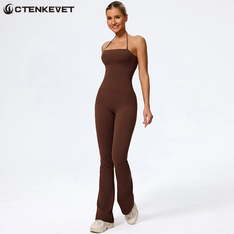 Ctenkevet-mono sin mangas con cuello colgante para mujer, ropa deportiva acampanada con Espalda descubierta, ropa deportiva para Yoga, traje deportivo para mujer