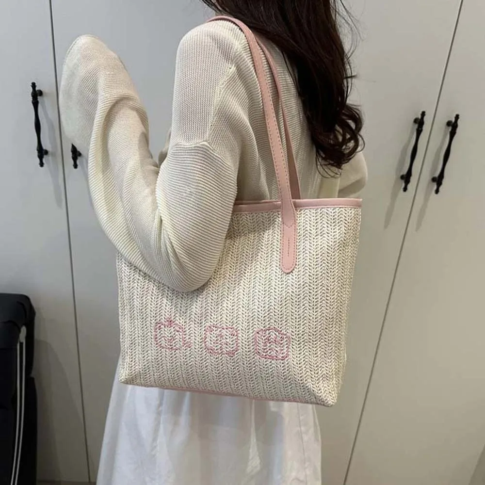 

Trendy Sweet Straw Tote Bag PU Breathable Woven Underarm Bag Cartoon Pattern Large Capacity Summer Beach Handbag Female