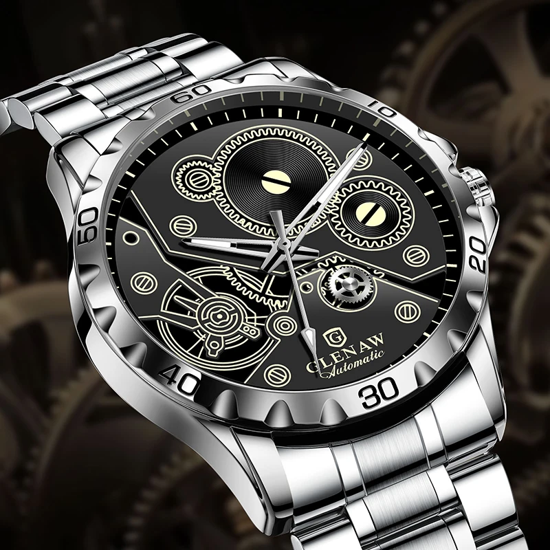 GLEAW stile sportivo completamente automatico meccanico cavo minimalista design aziendale di lusso popolare orologio impermeabile versatile