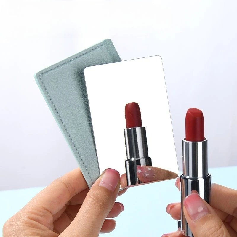 Stainless Steel Card Cosmetics Mirror Portable Mini Unbreakable Makeup Mirror Shatter Proof Leather Sleeve Pocket Size Mirror