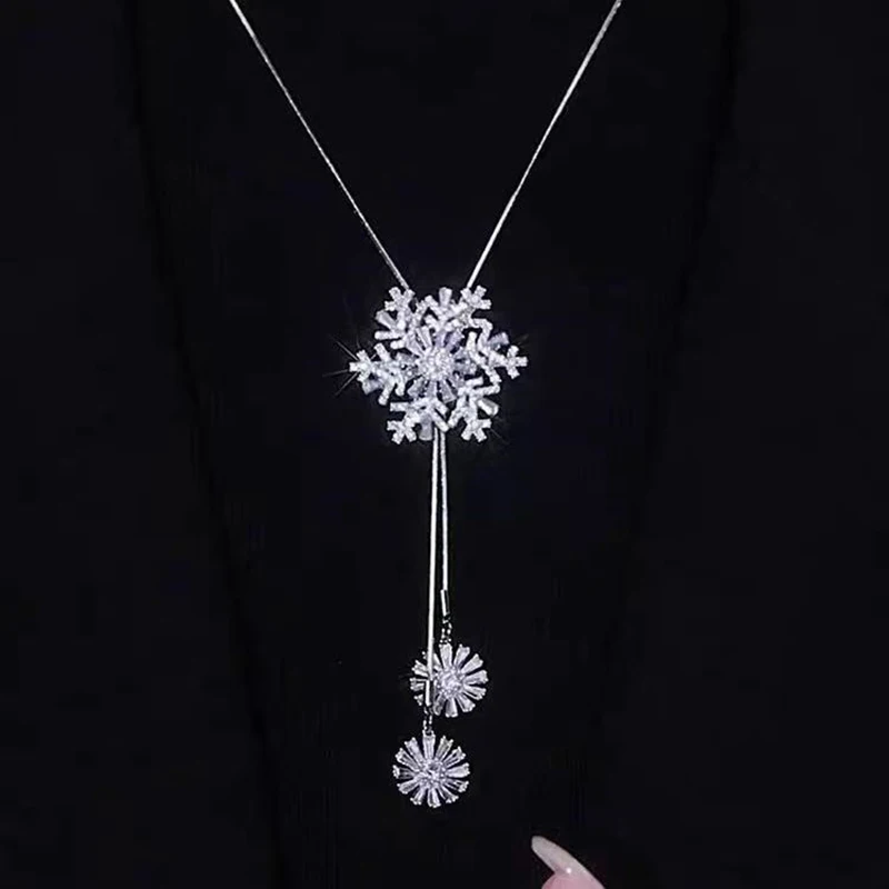 قلادة ندفة الثلج الدورية حجر الراين شرابة قلادة زهرة الثلج قابل للتعديل سلسلة سترة طويلة للنساء مجوهرات #5