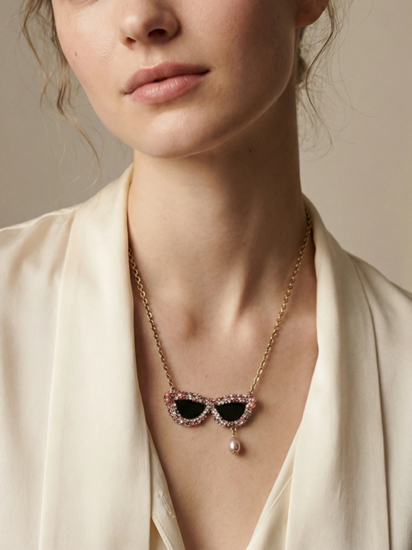 Creative Sunglasses Motif Necklace, Paved Pink Crystal with Pearl Drop, Unique Artisan Statement Necklace for Women
