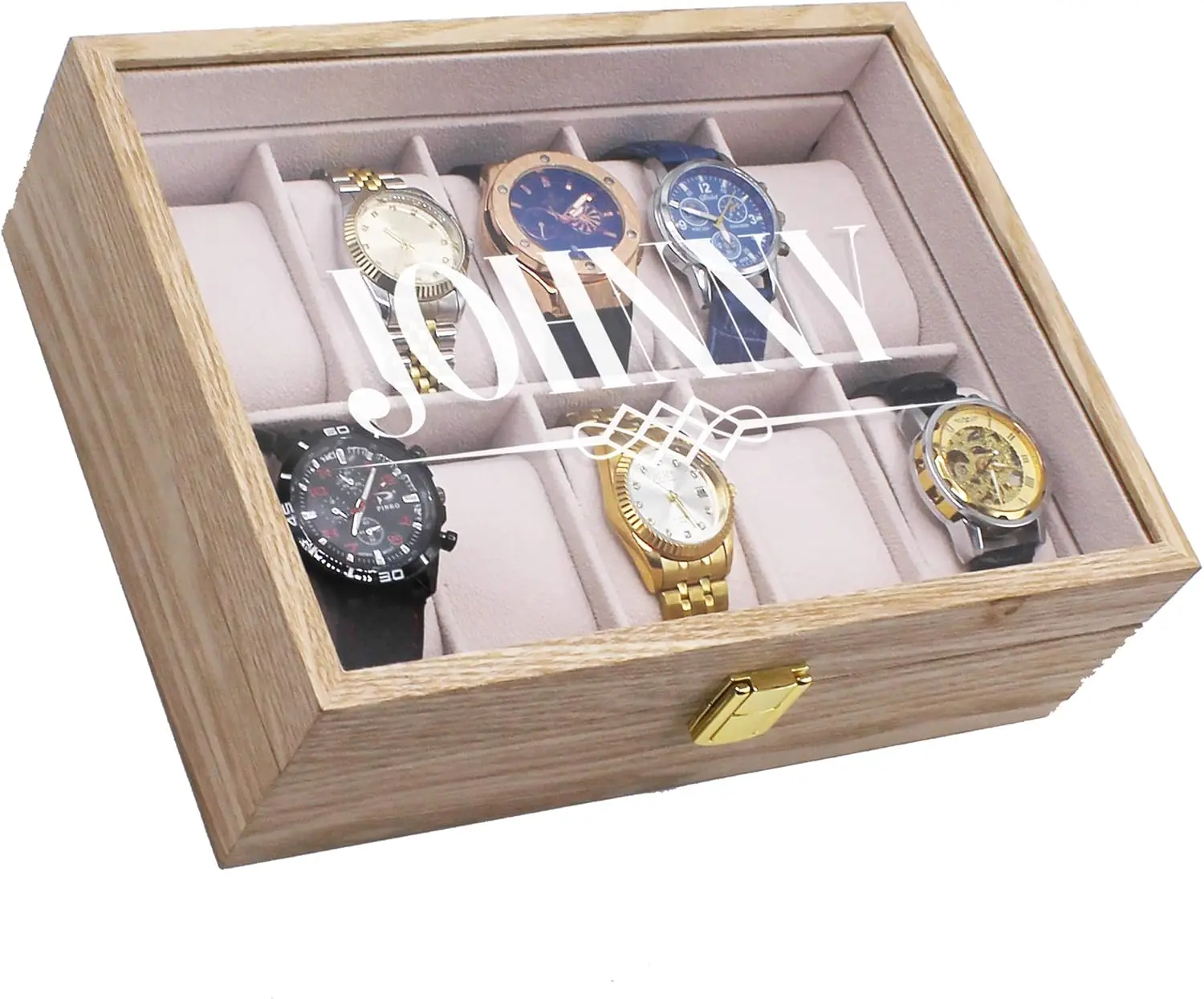Personalized Engraved Watch Box for Men - Custom Wooden Gift with Glass Top, Holds 10 Watches
