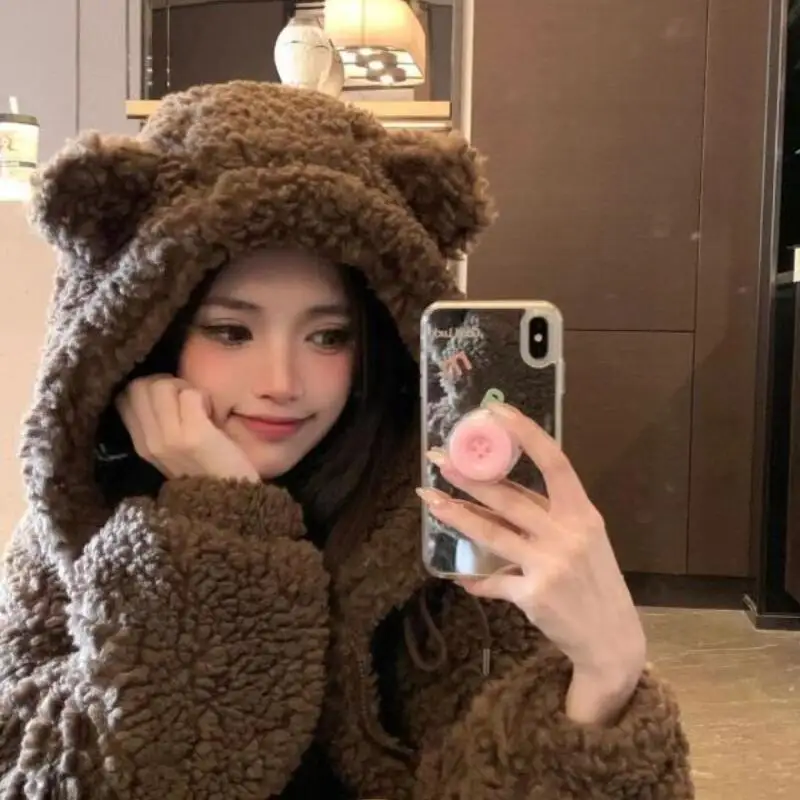 Y2K المرأة السوداء القط الأذن مقنعين سترة الجمالية المتضخم الشارع الشهير معطف شتاء جديد دافئ الجرونج سستة رداء علوي غير رسمي الموضة #4