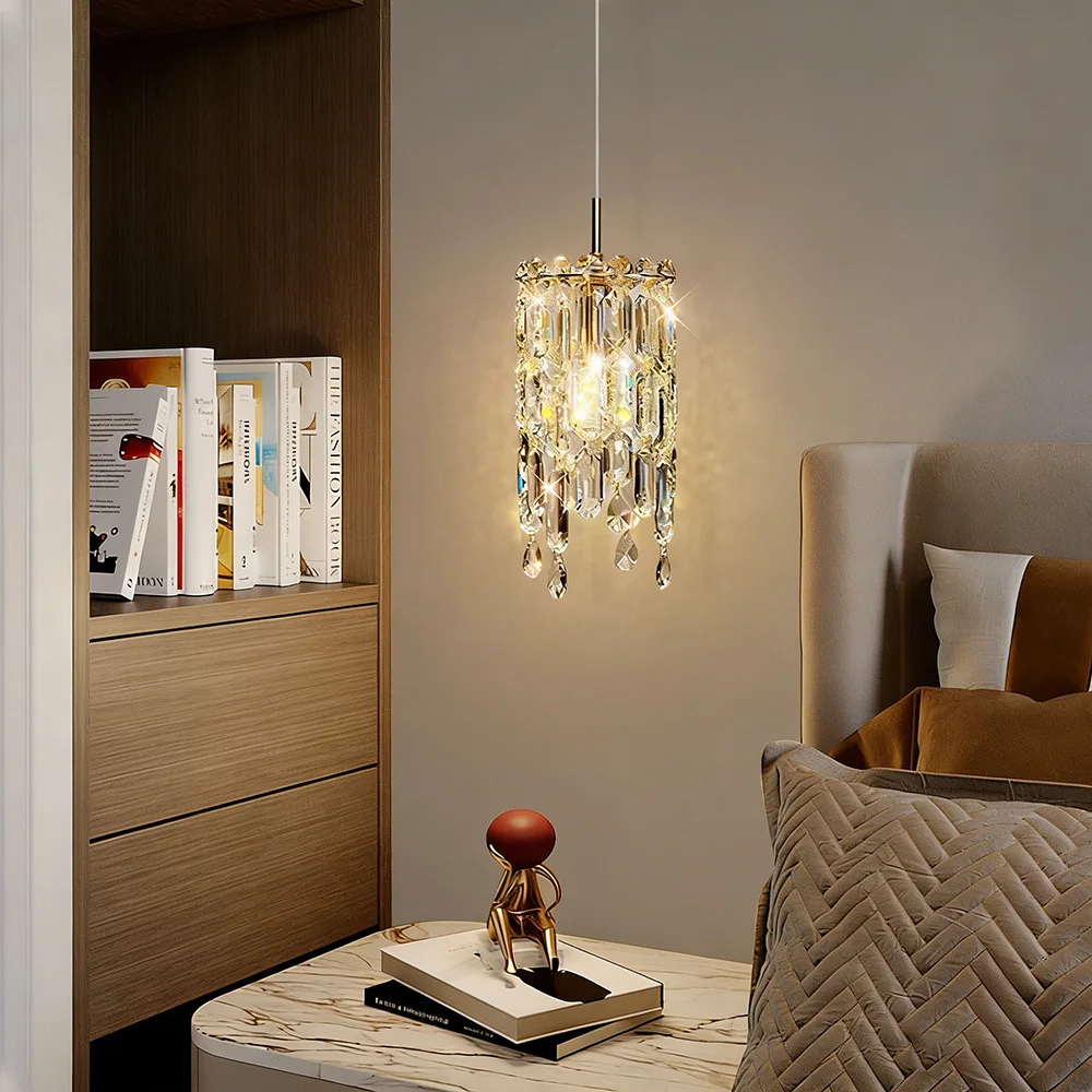 Small Vintage Crystal Pendant Light Kitchen Island,French Brass Glass Mini Hanging Light,Adjustable Height Single Light Fixture,