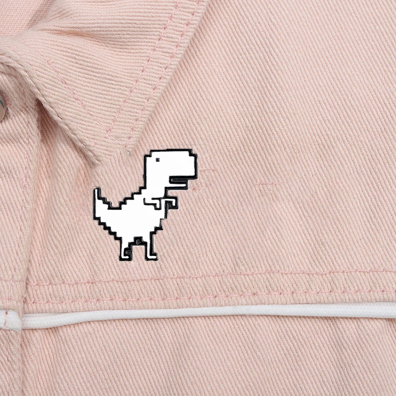 Creative White Small Dinosaur Brooch Pixel Style Jurassic White Dinosaur Shape Metal Badge Clothing Bag Accessories Waist Pin