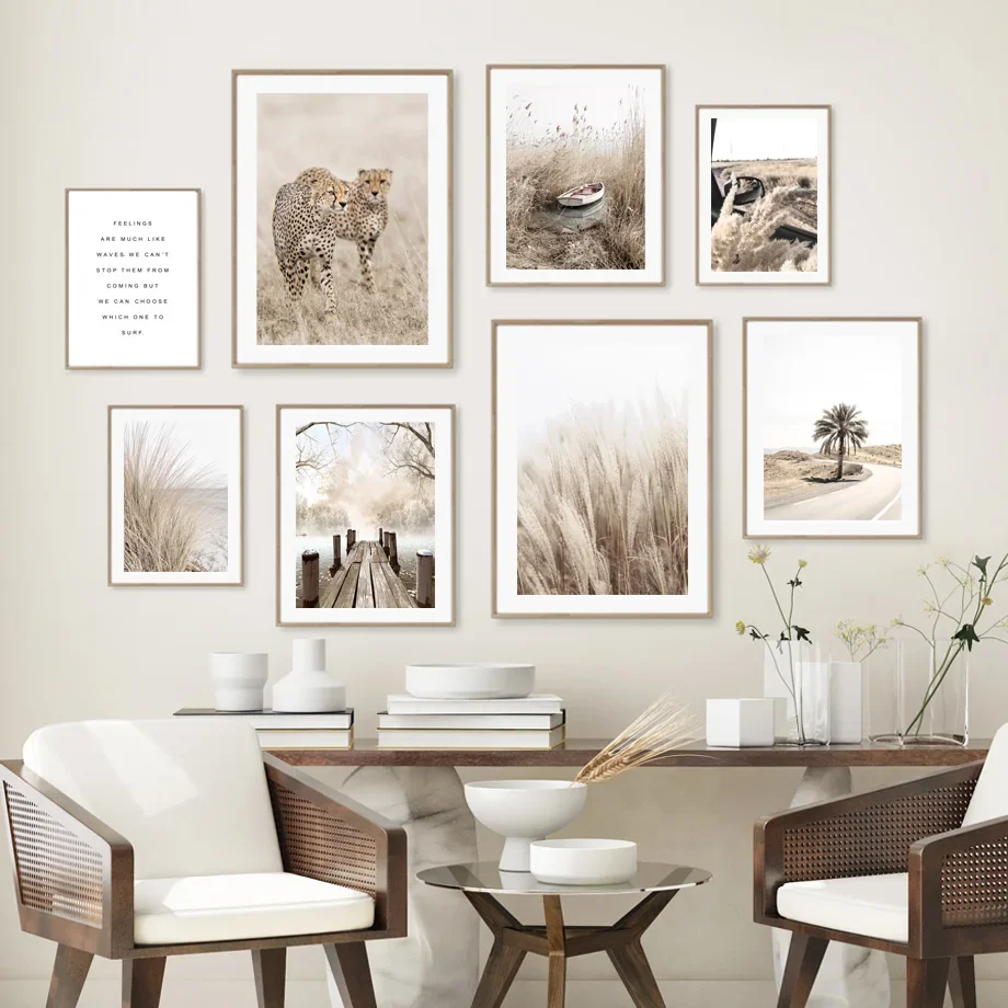 

Lion Cheetah Grassland Bridge BoatCanvas Painting Beige Living Room Decoration Posters And Prints Wall Art Home Wall Pictures