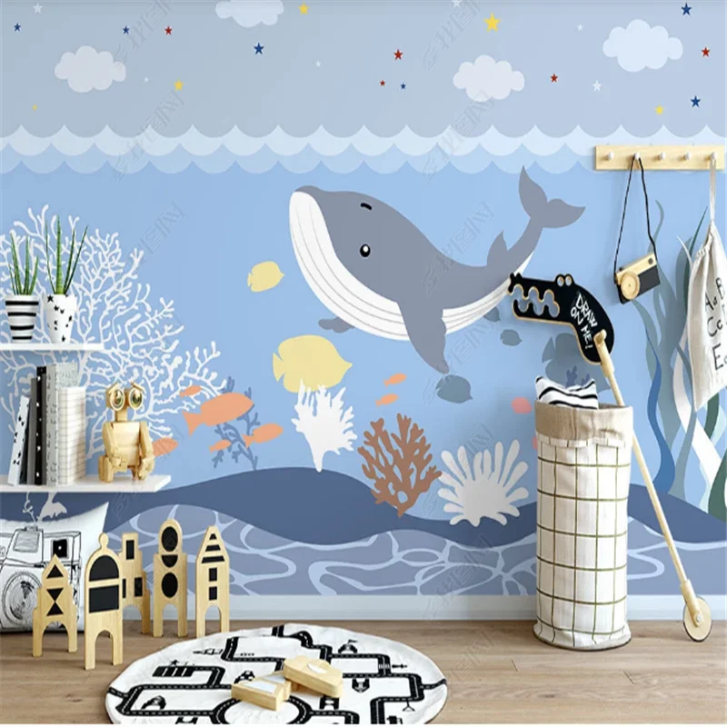 Mural Wallpaper For Kid's room Nordic Blue Cartoon Whale Underwater World Children's room Background Wall Papers Home Decor