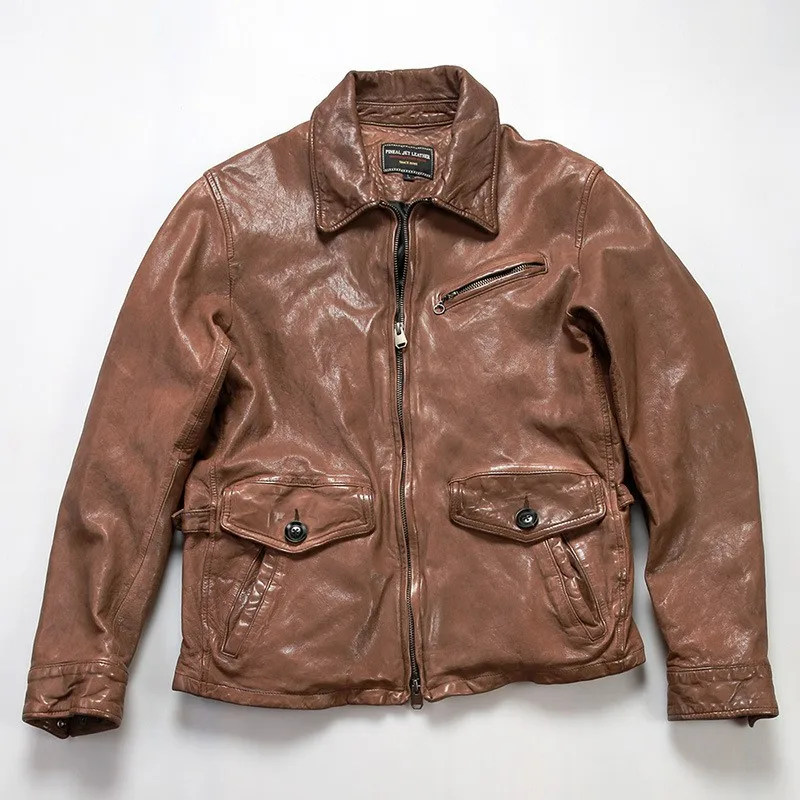 All-vegetable-tanned leather men's lapel casual motorcycle