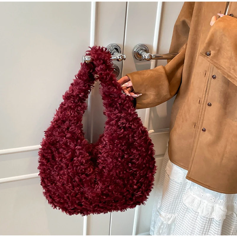 Flauschige, lockige Kunstfell-Hobo-Schultertasche, Plüsch-Halbmond-Unterarmtasche, weiche Teddy-Fuzzy-Halbmond-Handtasche, warme Winter-Handtasche für Damen – Detail 13