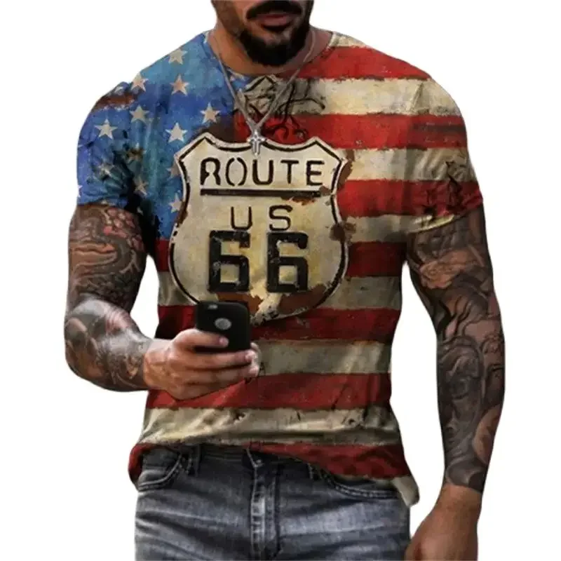 

Retro America Route 66 3D Printed Men's T-shirts Vintage Loose Men Clothing Summer Round Neck Short Sleeve Unisex Tops Tees