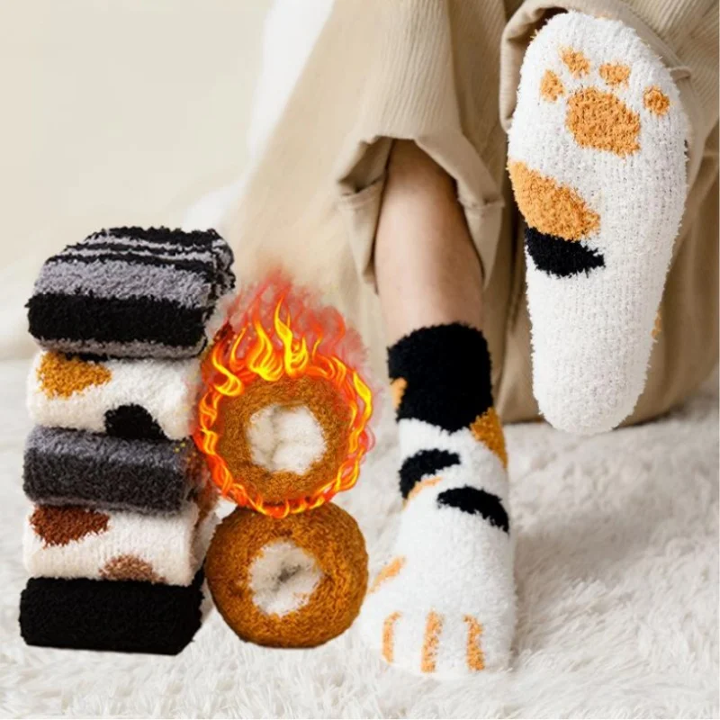 

Cute Cat Paw Womens Mid Calf Socks Winter Warm Coral Fleece Thickened Half Plush Indoor House Slippers Home Sleep Socks