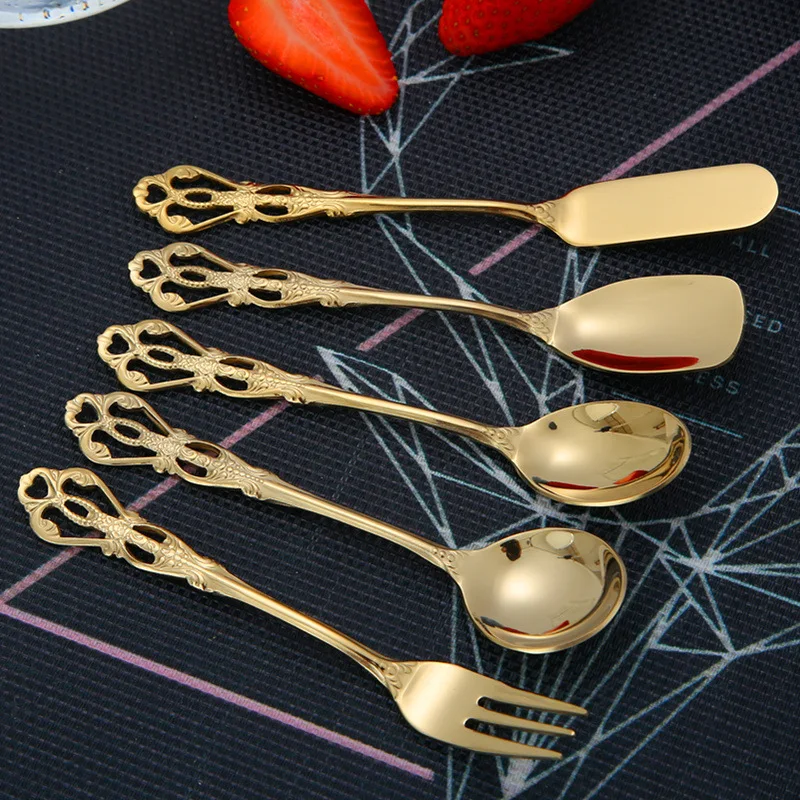 

5pcs set coffee spoon 304 stainless steel golden retro palace trumpet butter knife and fork dessert ice cream spoon coffee spoon