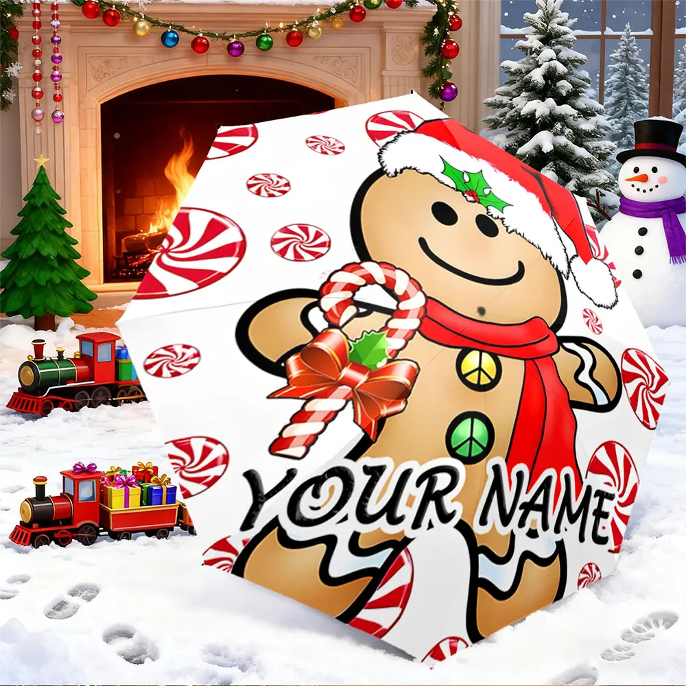 Custom Name Umbrella， Gingerbread Man with Candy Cane and Santa Hat Christmas Design ,Portable Folding Umbrella, Christmas Gift