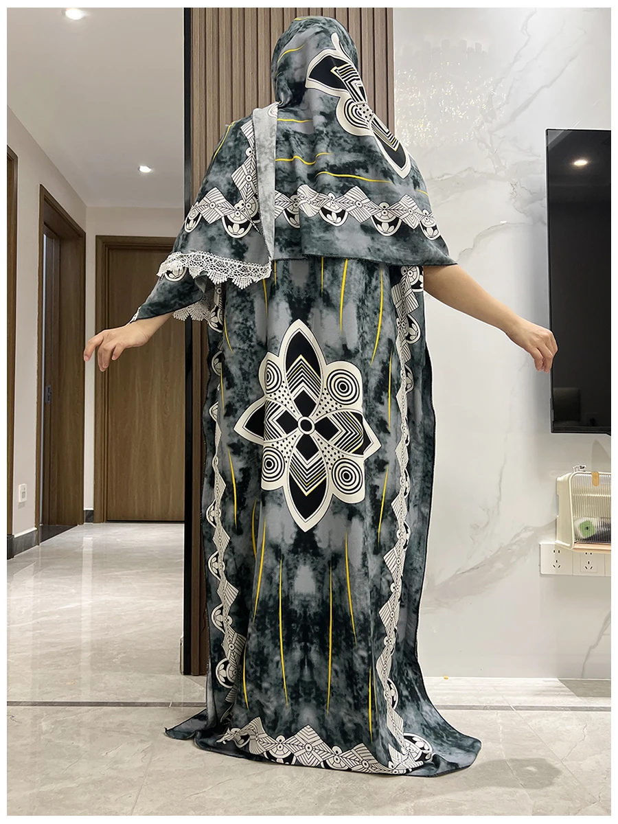 Caftan de algodão solto estampado floral feminino, vestido casual maxi com cachecol grande, dashiki, verão, manga curta, África, lady, 2 peças