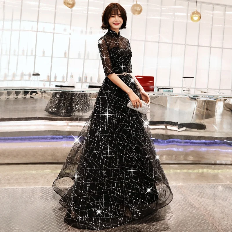 

Black Long Evening Dress Women's Birthday Starry Evening Gown Fashionable Ladies' Ball Gown High Waist Chinese Style