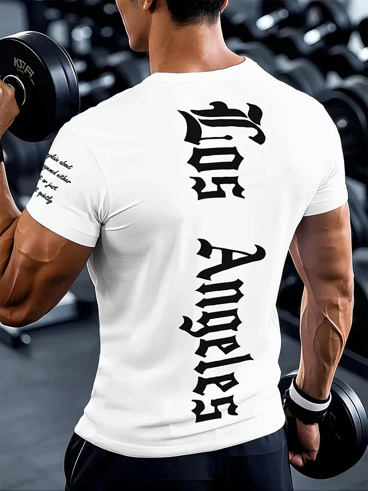 European and American Men's Summer Muscle Fitness Letter Print Micro Elastic Breathable Round Neck T-Shirt Outdoor Sports Top