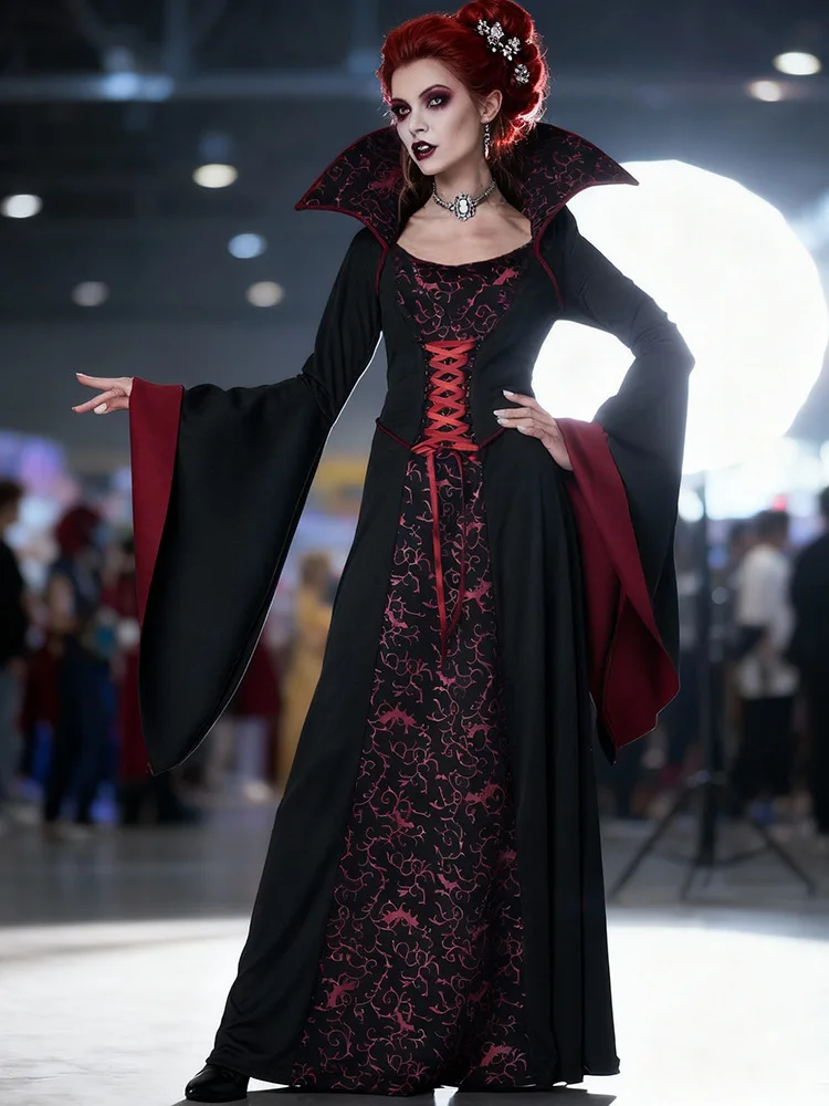 女性用 ゴシック ヴィクトリア朝風ドレス ヴァンパイア ハロウィンコスチューム コルセット パフスリーブ エレガント 魔女 ロールプレイ ステージパーティー エレガントな衣装