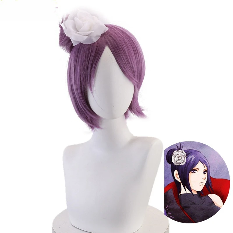 Peruca de anime, Konan, peruca roxa, peruca cosplay Akatsuki Angel Konan, com flor de cabelo