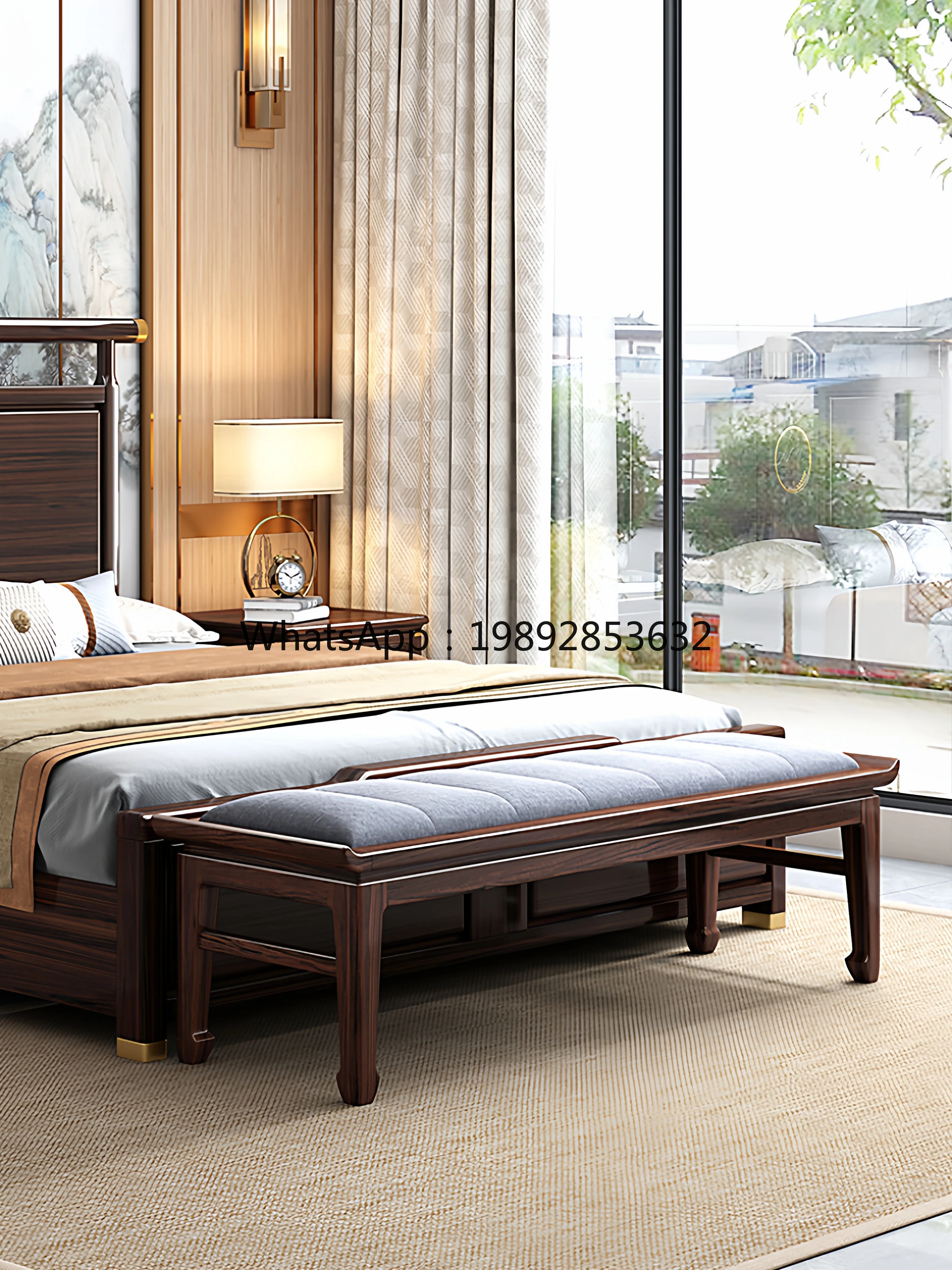 LYY New Chinese Style Solid Wood Bed End Black Walnut Bedroom Light Luxury Bed End  Shoe Changing Stool Tea Room Long Board