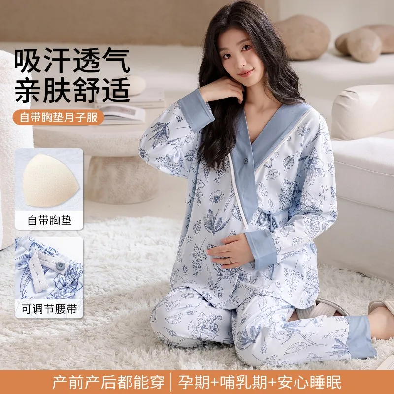 Cotton Maternity Sleepwear Summer Autumn Postpartum Sweat Absorbent Maternity Pajamas Set Adjustable Breastfeeding Home Wear