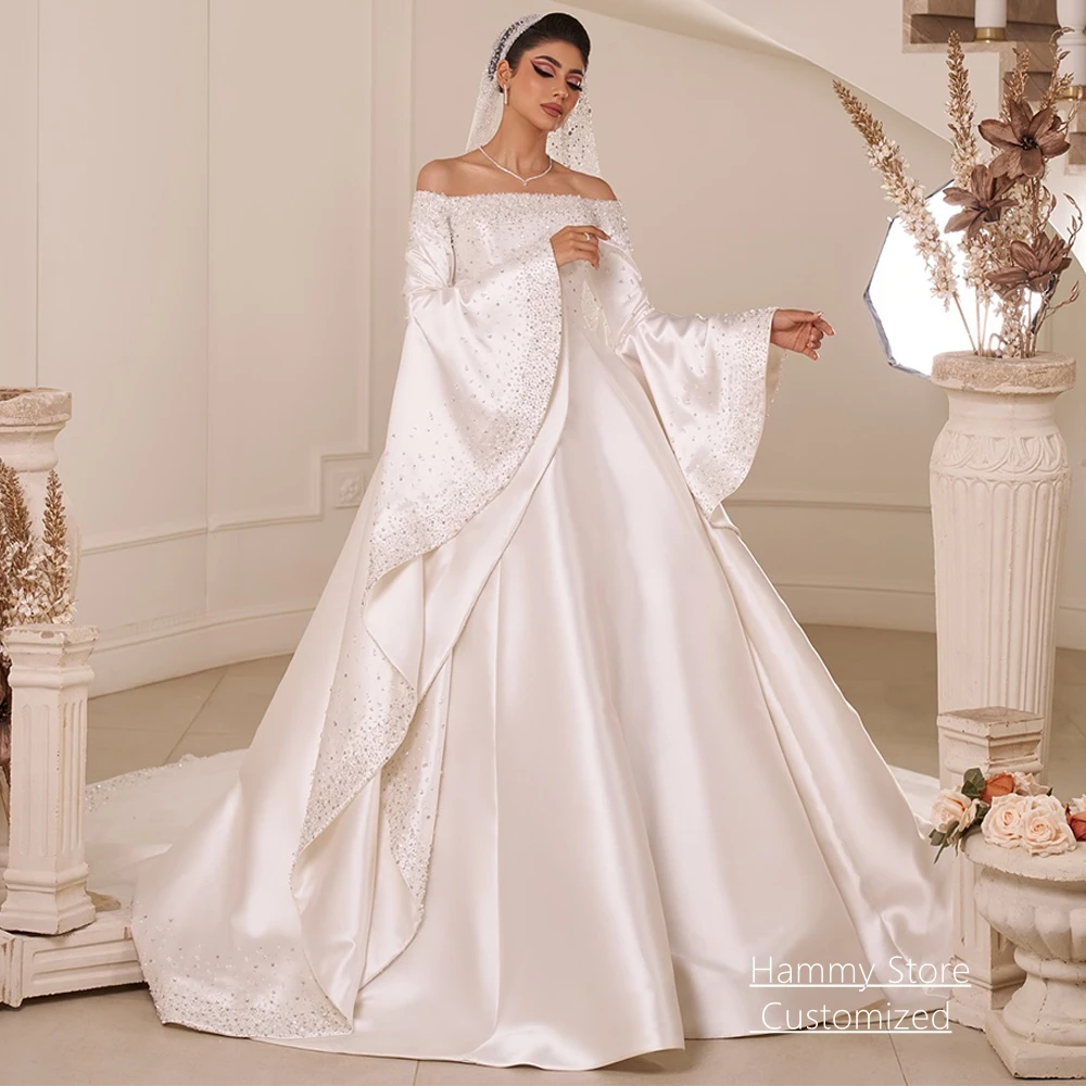 Customized Satin Wedding Dress Boat Neck Batwing Sleeves Beading Sequined Court Train A Line Bridal Gown High Quality
