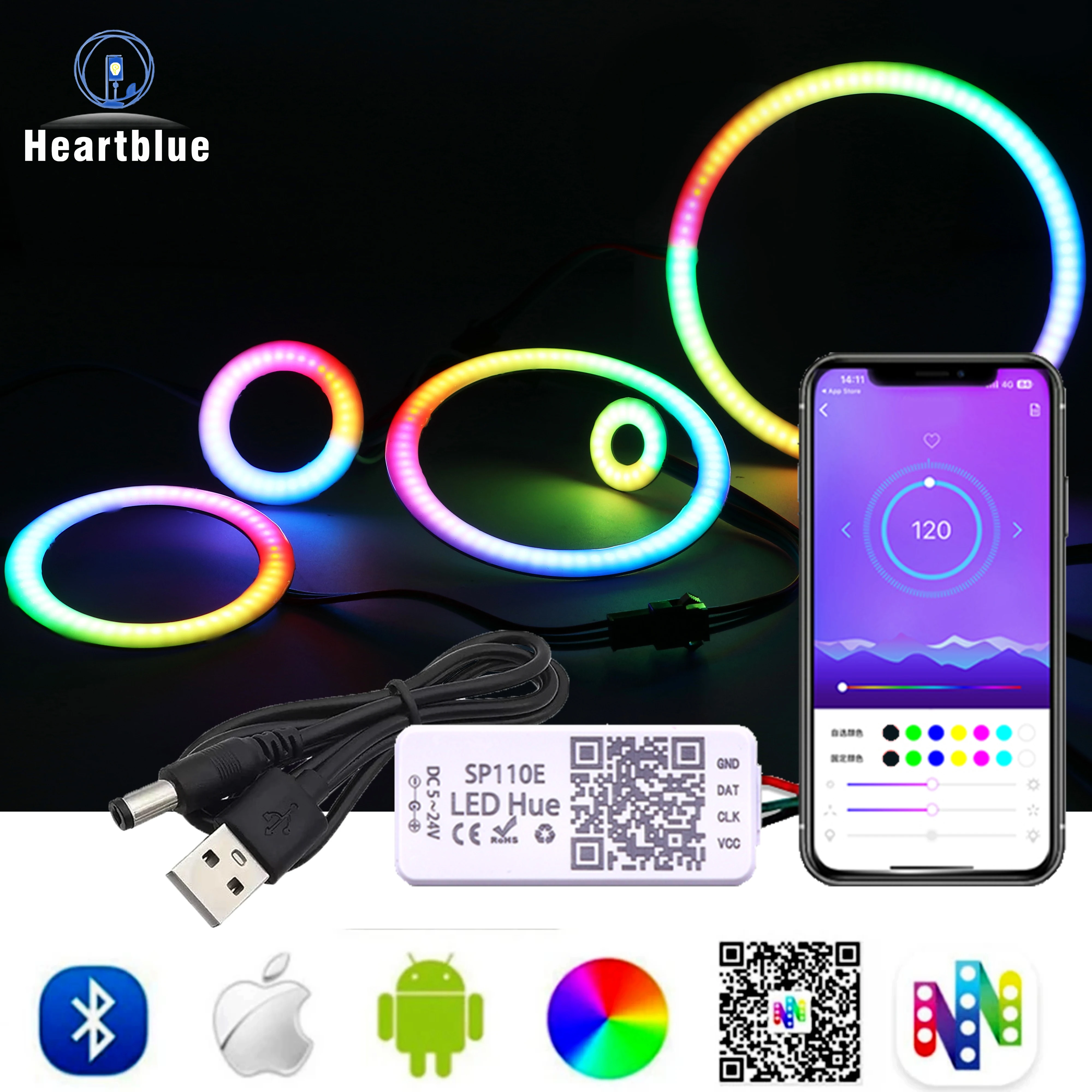 WS2812 حلقة LED قطاع DC5V COB RING RGB موصل USB قابل للعنونة بشكل فردي SP110E بلوتوث APP تحكم 27/48/73/96/120 متر