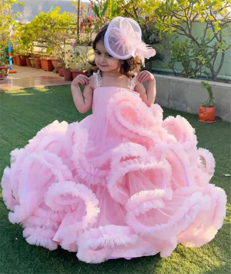 

Pink Ball Gown Flower Girl Dresses Layers Tulle Fluffy Princess Birthday Gowns First Communion Dress